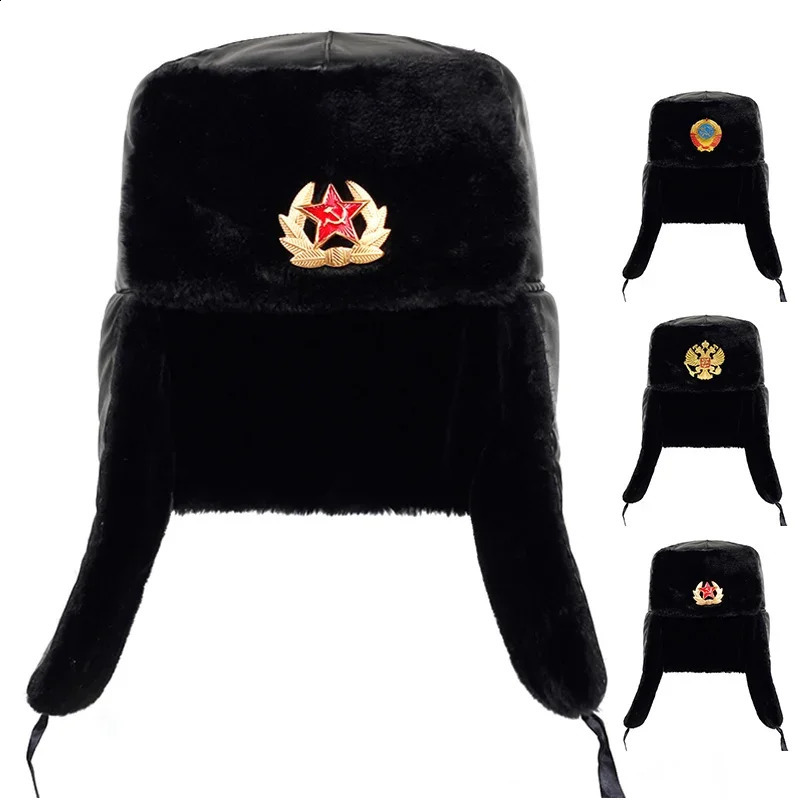 Soviet Army Military Badge Russia Ushanka Bomber Hats Pilot Trapper Trooper Hat Winter Faux Rabbit Fur Earflap Men Snow Caps 260921