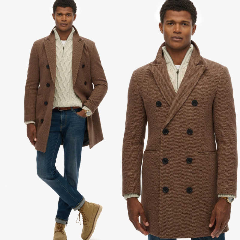 Handsome Men Long Coat Double Breasted Wool Blends Overcoat Vintage Herringbone Long Sleeve Jacket Business Blazers Customized