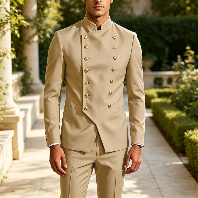 Men's Double Breasted Stand Collor Suit 2 Pieces Blazer Pants Set Slim Fit Business Casual Jacket Formal Wedding Tuxedo y260918