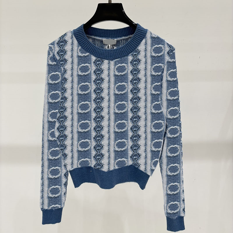 Designer Letter Jacquard Cropped Sweater Women Round Neck Color Block Knitted Pullover Top Y2K Retro Knit Jumpers