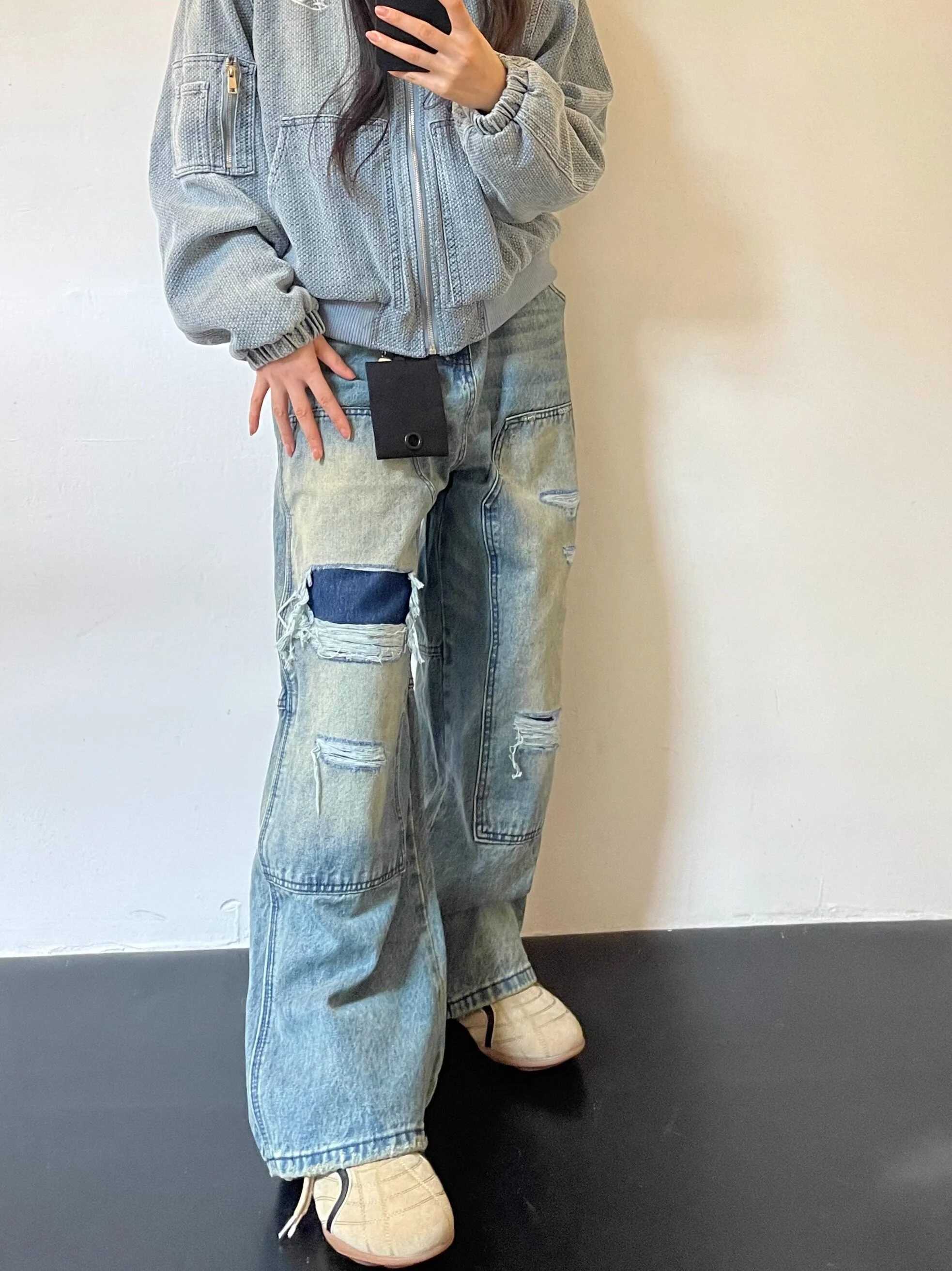 Retro American High Street Distressed Denim Jeans Men's Loose Wide Leg Straight Casual Long Trousers Trendy Patchwork Washed ... S26092108RC