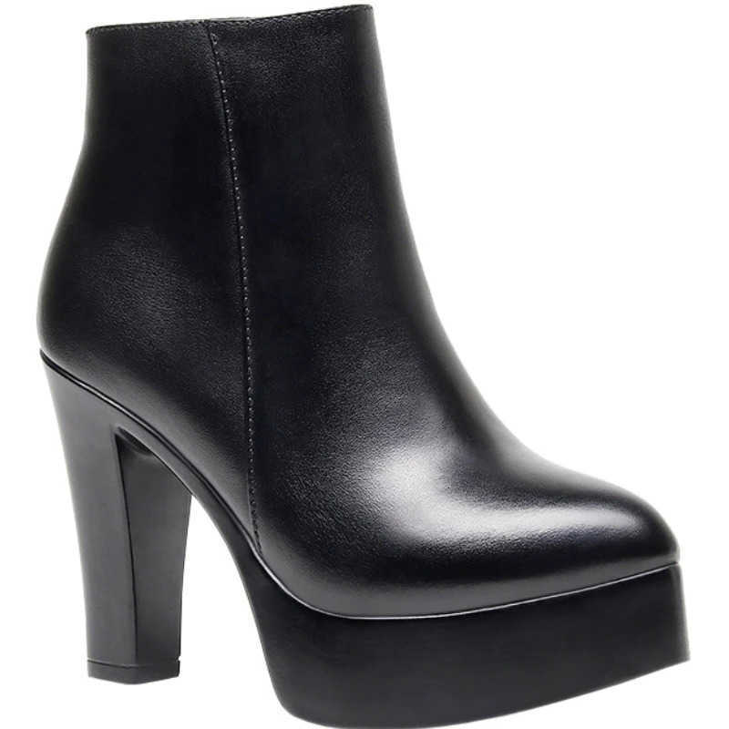 Botas de tobillo para mujer Botas puntiagudas Toe Black Flock 9 CM 11 CM Tacón grueso Plataforma Botines Zapatos de fiesta Botas cortas de gran tama