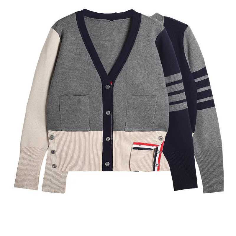 Fashion Knitted Cardigan Women's Spring/Autumn Korean Edition V-neck Color Blocked Thick Long Slved Sweater Coat Q260921