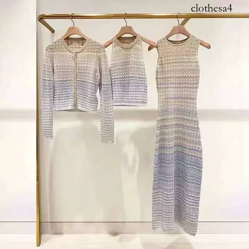 Women Gradient Wave Pattern Knit Dress Hollow Out Round Neck Female Slim Sleeveless Knitted Midi Robe Summer 2024