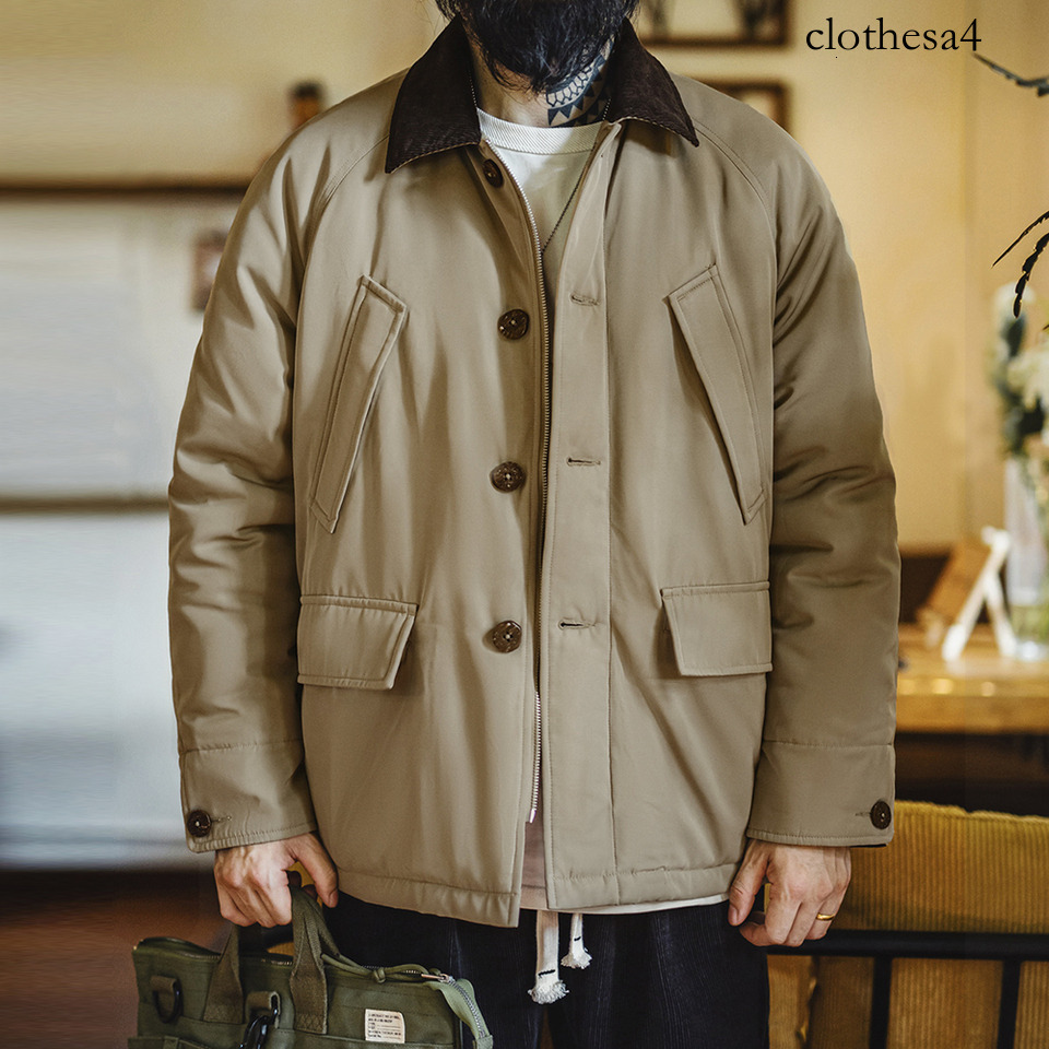 Maden Vintage Corduroy Collar Cotton Padded Safari Jacket Thickened Warm Coat for Men's Fall and Winter Versatile Overcoat