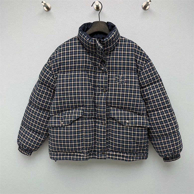 Designer Woman Vintage Puffer Jacket Zip Up Plaid Reversible Warm Coat Autumn Winter Outerwear