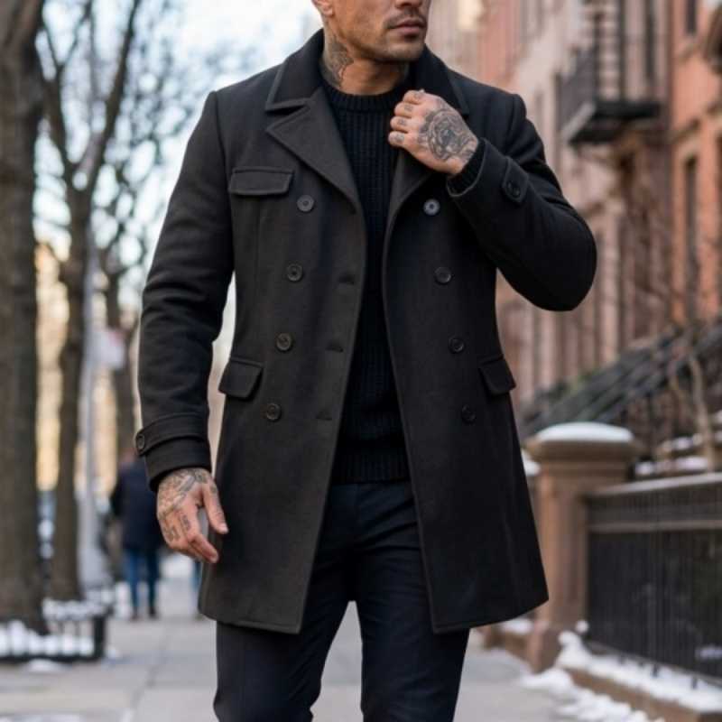 2026 Men's Wool New Blends Arrival Men's Autumn-Winter Trench Coat Color Block Wool Blend Double Breasted Streetwear Jacket for Casual For