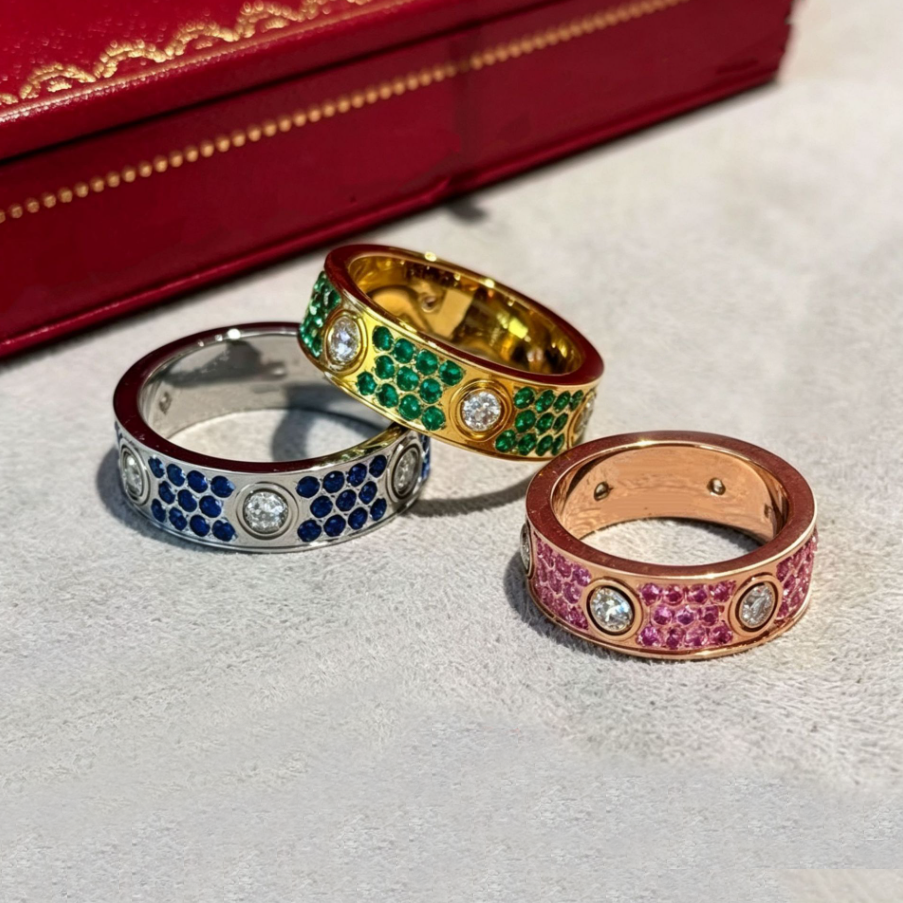 Fashion Designer Love Colorful diamonds Ring Womens Classic Jewelry Rings 18K Blue Sapphire and Emerald Vacuum Thick Plating Ring Holiday Gifts