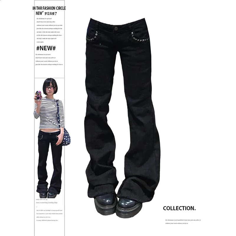 ZHIZOU Women Low Rise Jeans Black Flared Denim Pants Gyaru American Retro Korean Cyber Punk Trumpet Jeans Y2k Skinny Bell Bottom 260921