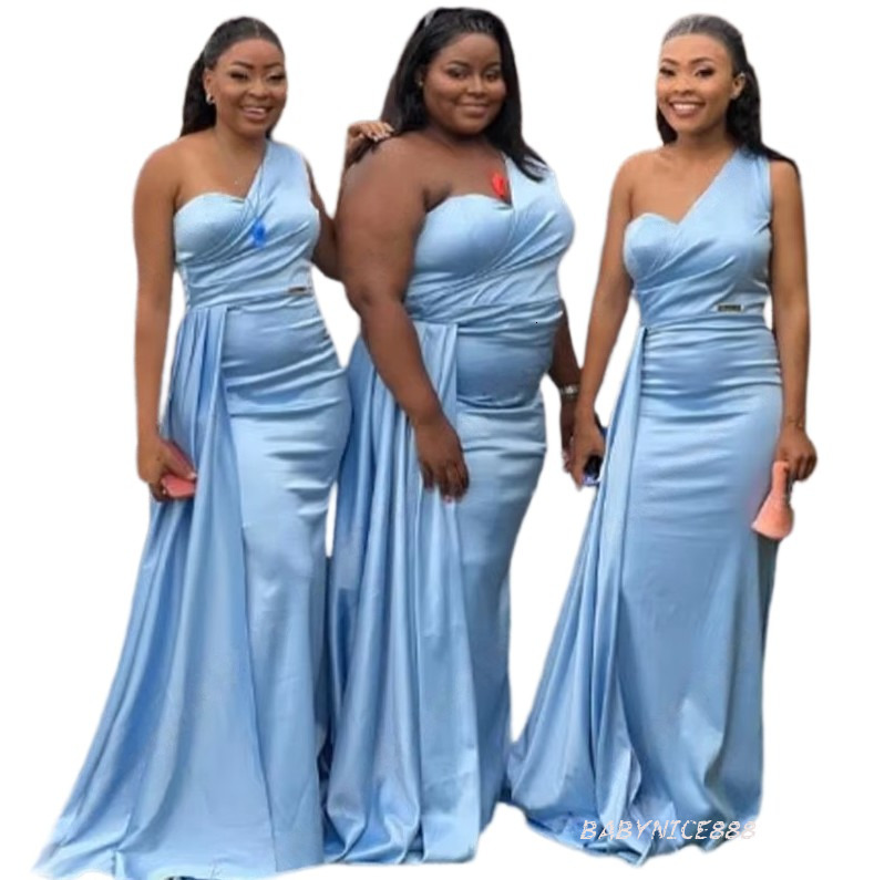 Elegante sirena blu monospalla abiti da damigella d'onore ragazze africane pieghe raso lungo abiti da damigella d'onore abito da festa per ospiti di