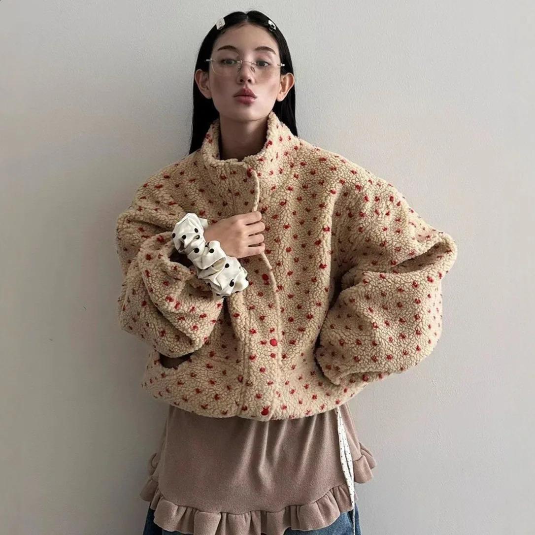 AW 2026 Autumn Winter Vintage Hearted Dot Polar Fleece Coat Jacket Stand Collar Zip Up Oversize Overcoat Female Warm Outerwears 260918