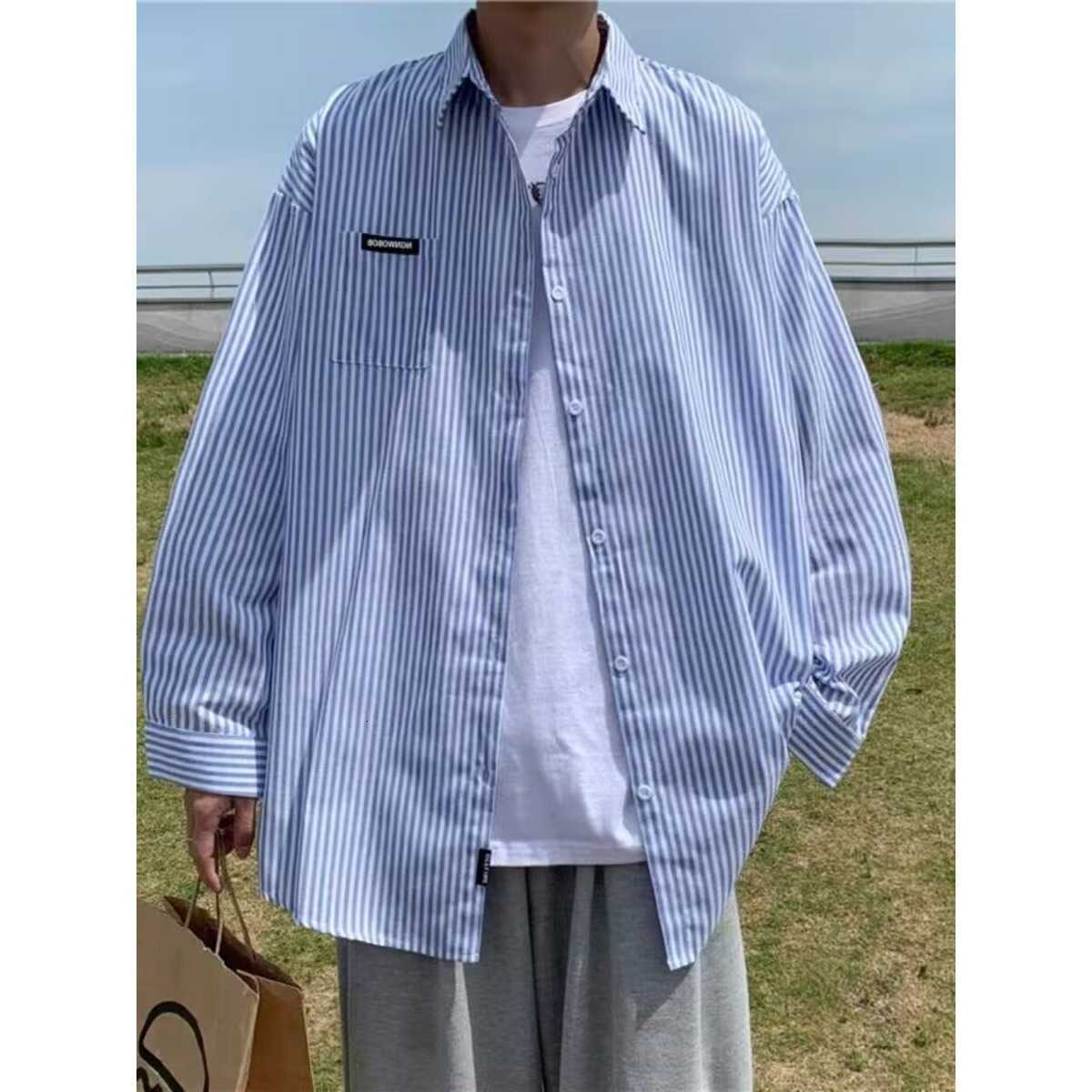 shirt Men's Casual Shirts Striped men's long sleeved Hong Kong style loose casual versatile fashion shirt couple ins trendy and cool plus