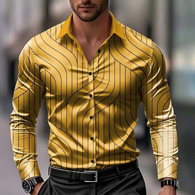 Casual Shirts Men's curved Men's vertical stripe 3D printed long sleeved shirt business party lapel button up cardigan plus size top H2609