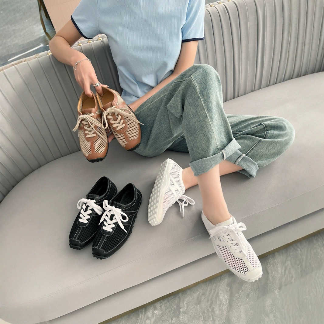 Casual Shoes 2026 New Mesh Training Shoes Genuine Leather Patchwork Flat Casual Shoes Lightweight Breathable Running Shoes for Women