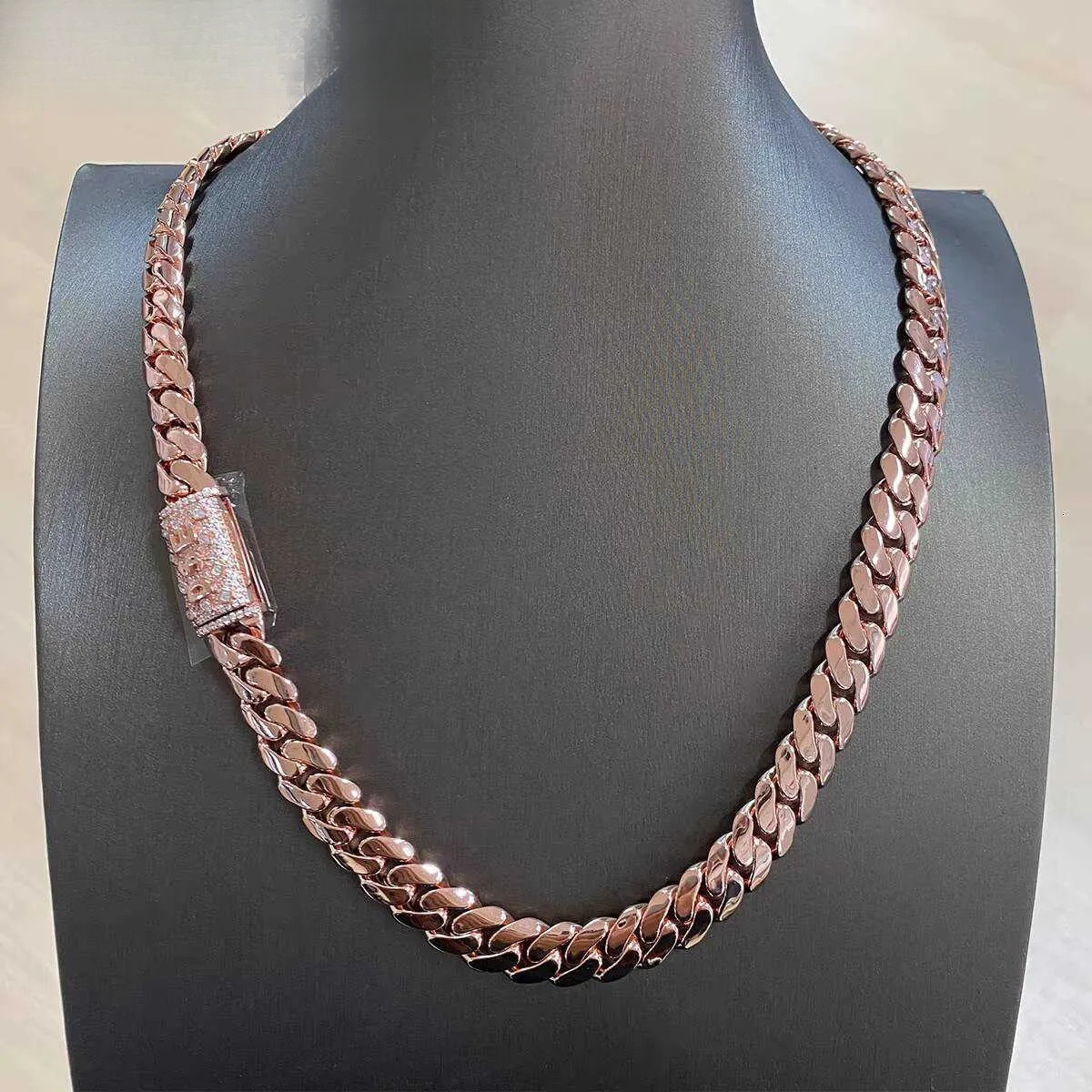 Rose Gold Iced Out Custom Moissanite Clasp 12mm Solid 925 Sterling Silver Plain Hip Hop Miami Cuban Chain for Men