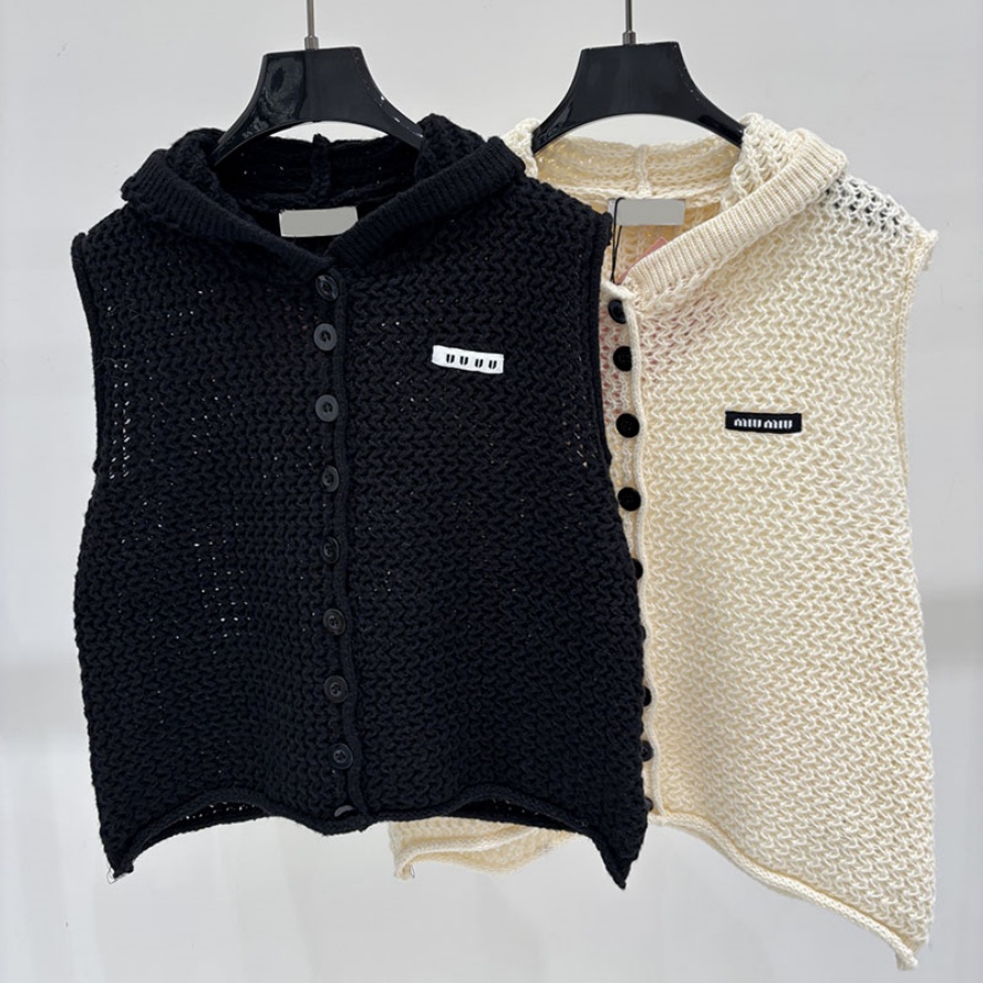 Hollow Out Knit Tank Top For Women Designer Vintage Loose Buttons Hooded Vests Luxury Y2K Style Classic Thin Breathable Knit Singlets