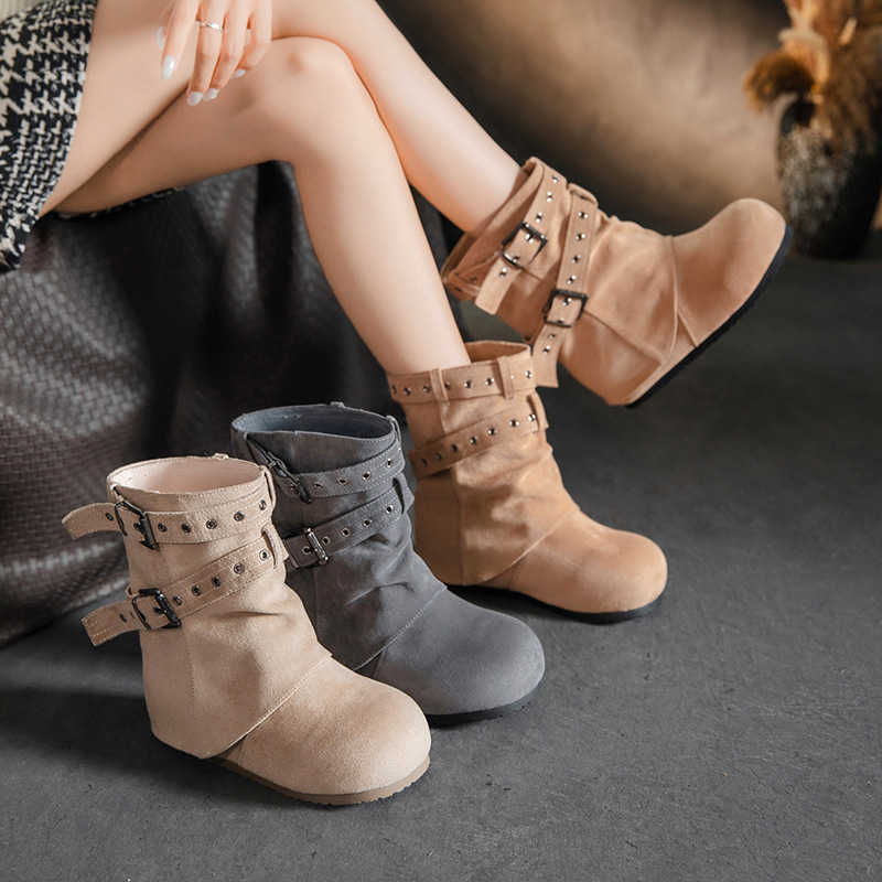 Botines de ante con realce interior para otoño e invierno con hebilla de cinturón y tacón medio versátiles botas de mujer L26921