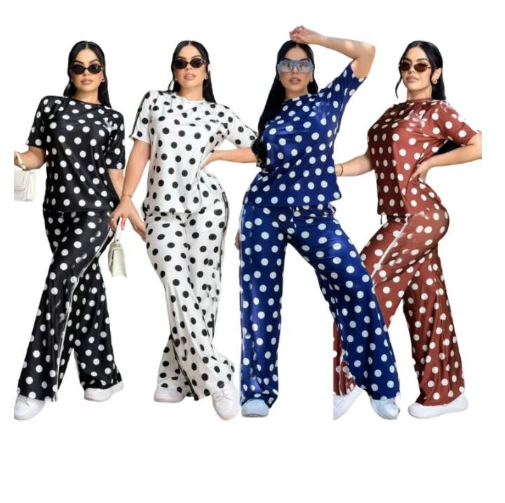 Designer Tracksuit luxury polka dot Sets For Womens 2 Pieces Round Neck Short Sleeve And Wide Leg Pant suits New Women Outfit