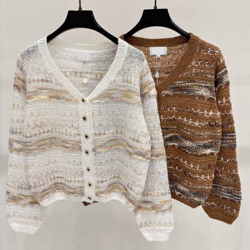 Luxury Gold Thread Striped Knit Cardigans Women V Neck Hollow Out Sweater Jacket Spring Autumn Elegant Casual Thin Cardigans
