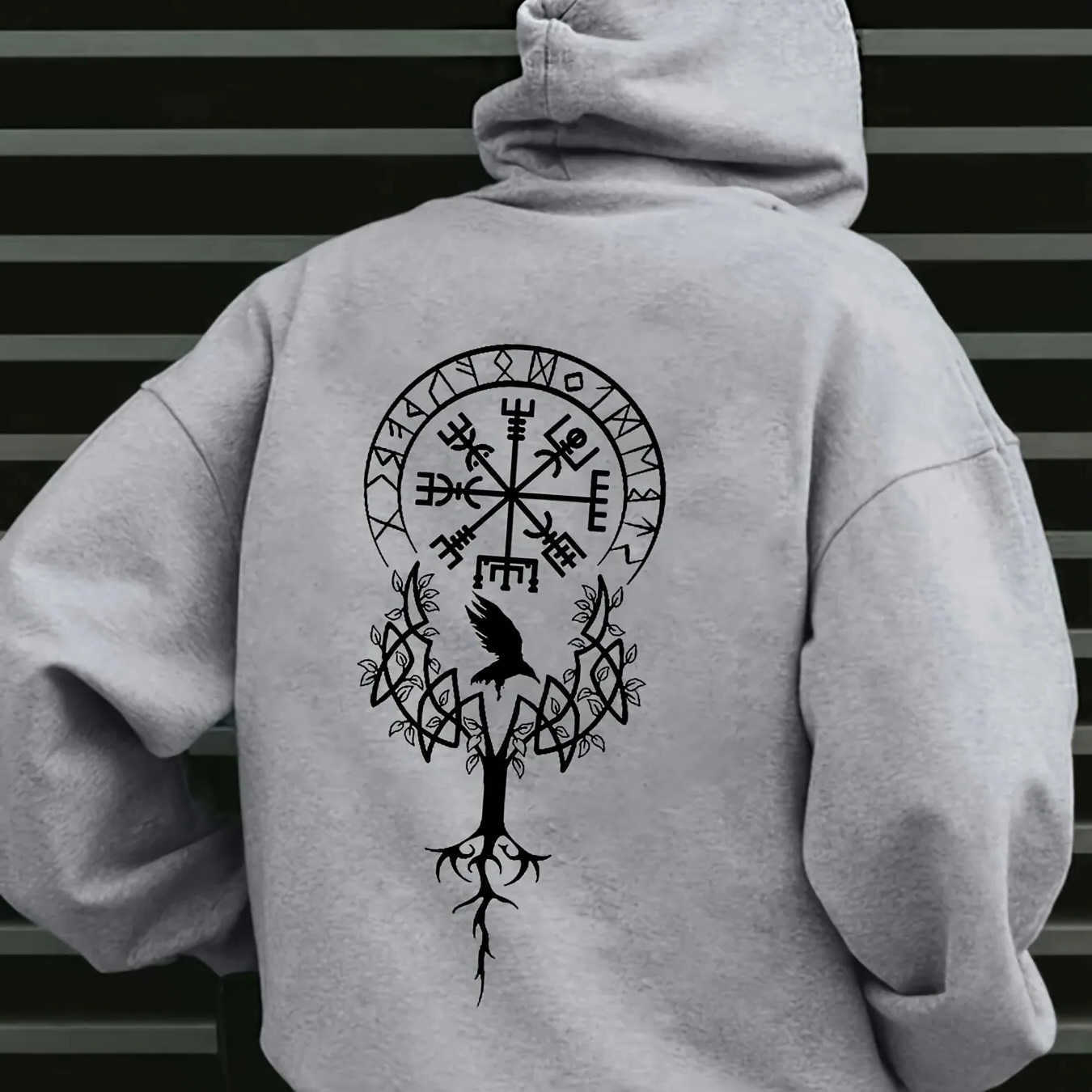 Viking Men's Hoodies Sweatshirts Men Vegvisir Rune Tree Of Life Raven Hoodie Nordic Myth Totem Back Print Casual Loose Pullover Hooded Sweatshi