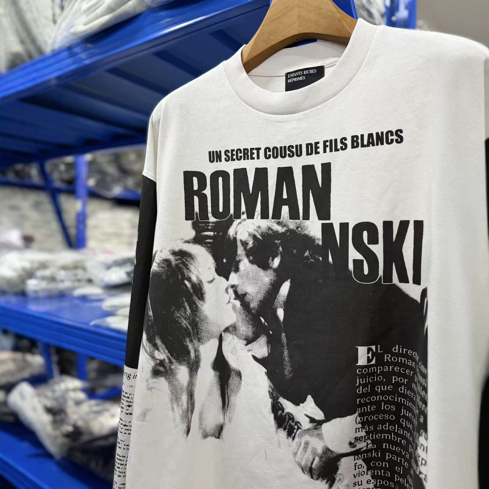 Loose Fit Portrait Slogan Print Black White Contrast Patchwork Long Sleeve T Shirt For Men Crew Neck Casual Street Top