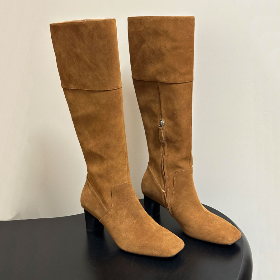 Botas hasta la rodilla de caballero khaite de cuero real clásico, tacones gruesos, botas altas y largas, botas de diseñador de lujo para mujer, colo