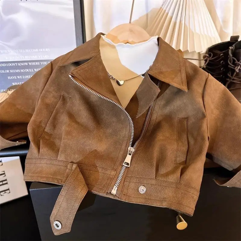 2 3 4 5 6 8 Years Girls Jacket Spring Autumn Fashion Artificial Leather Coat For Kids Leisure Stain Resistant Outerwear 260920
