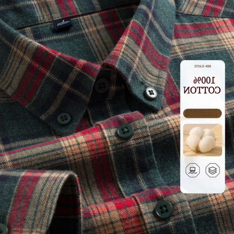 Cotton Men's Casual Shirts 100% Flannel Shirt Men's Plaid Casual Jacket Anti-Wrinkle Multi-Color Gold Quality Long-Staple Cotton M-4XL H26