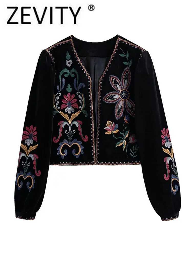Vintage Women's Women Jackets Zevity Flower Embroidery National Style Short Coat Ladies Retro Open Stitching Casual Velvet Jacket Tops CT100 C2