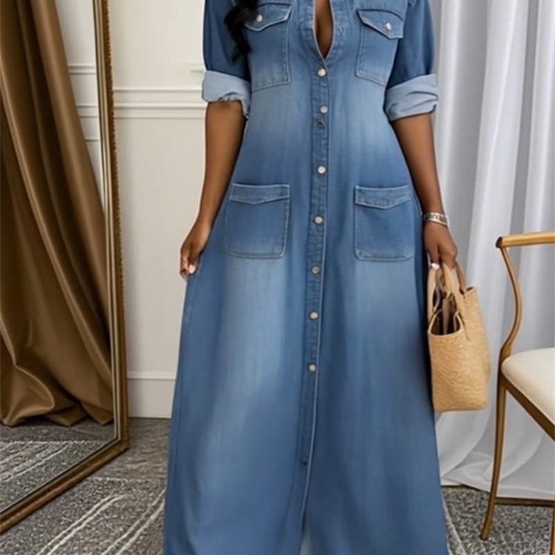 Lady Casual Denim Dress Fashion Long Sleeve Turn-down Collar Button Loose Dresses Robe Femme Office Womens Clothing Spring 260918