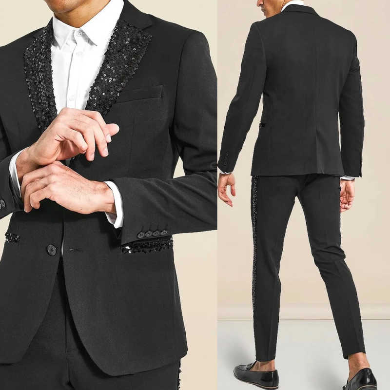 Abito da uomo elegante 2 pezzi Scialle con paillettes Risvolto Giacca slim fit Pantaloni Set Abbellimento di paillettes cuciti a mano per la festa s