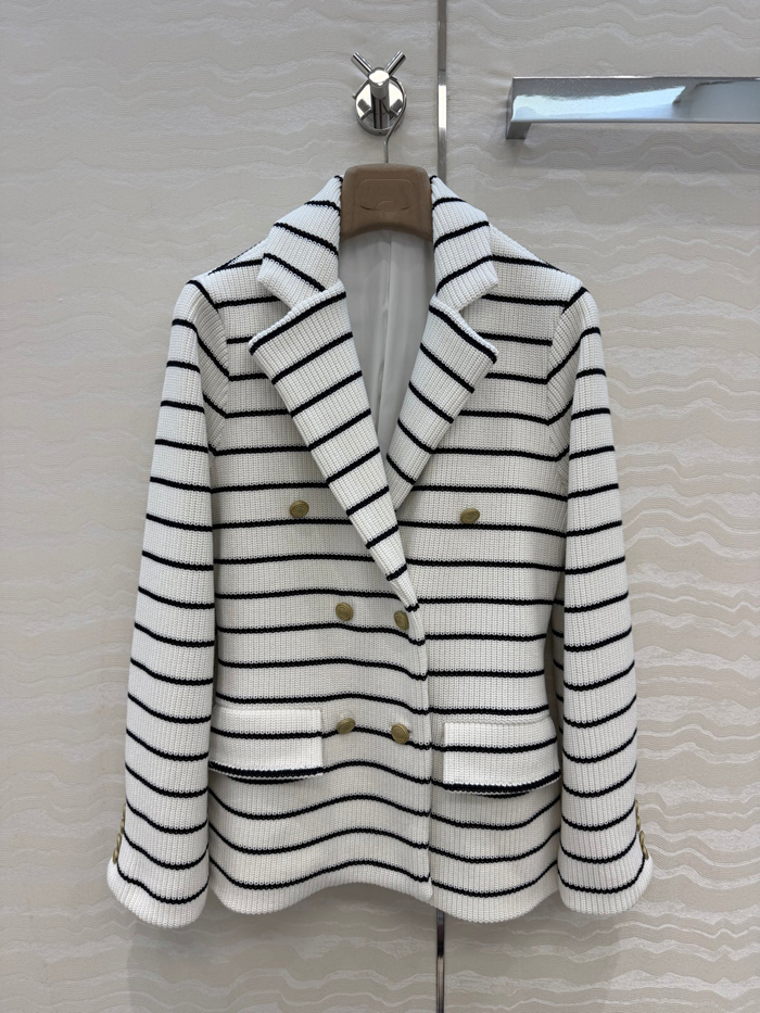 2026 Autumn White Striped Woolen Panelled Blazers Long Sleeve Notched-Lapel Buttons Double-Breasted Outwear Coats WS6S21 Check Size Chart Please