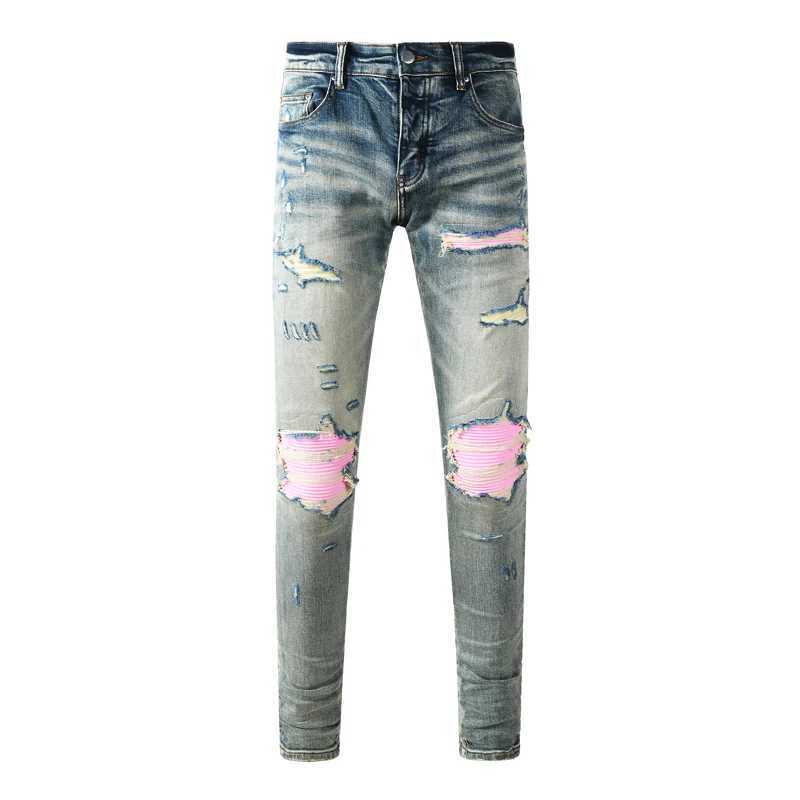 Hombre Fashion Men's Jeans with Patchwork Elastic Slim Fit Light Blue Jeans Designer High Street Hip Hop Brand Pants Y2K S260921JAJY