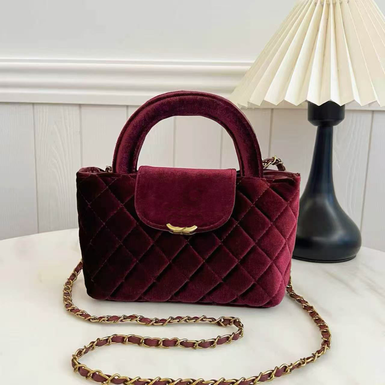 Women Velvet Quilted Handbag, Diamond Lattice Top Handle Tote Bag, Vintage Metal Chain Crossbody Shoulder Purse