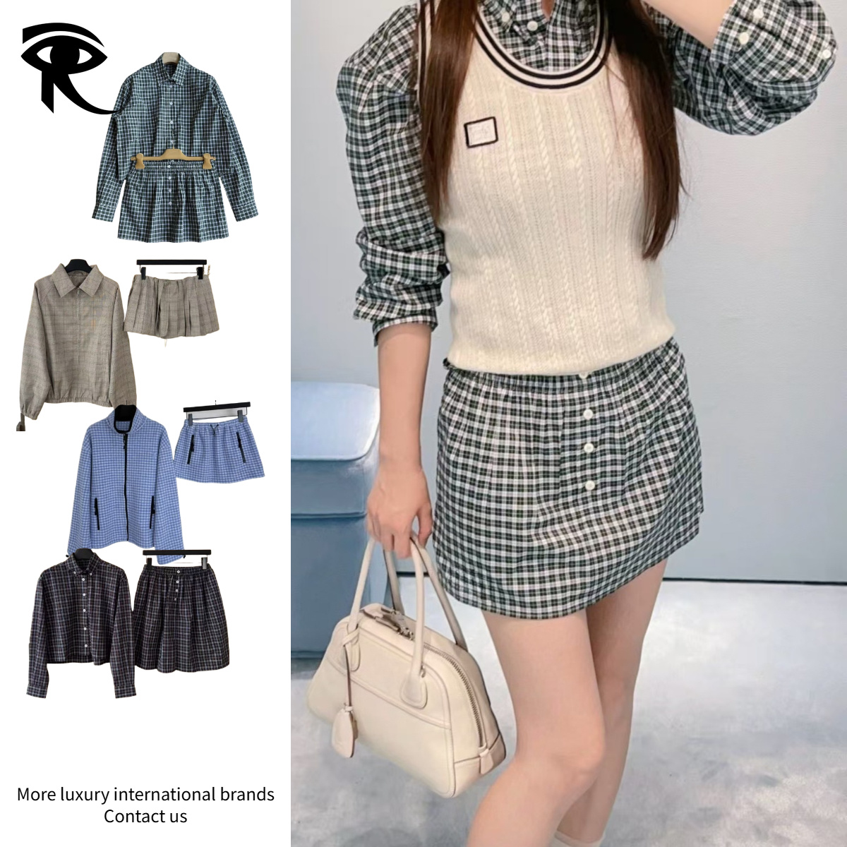 Italian Luxury Women Vintage Y2K Preppy Plaid Cropped Shirt and Mini Skirt Set Chic Low Waist Plaid Two Piece Outfit Designer Skirt