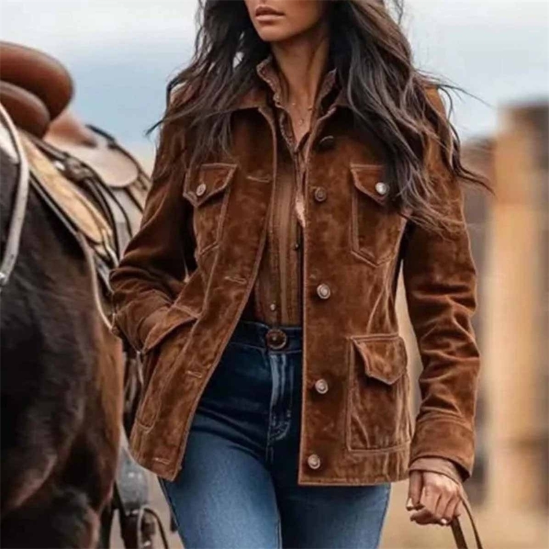 Suede Jacket for Women's Western Style Short Coat Turn Down Collar Metal Button Pockets American Retro Trench Outerwear y260920