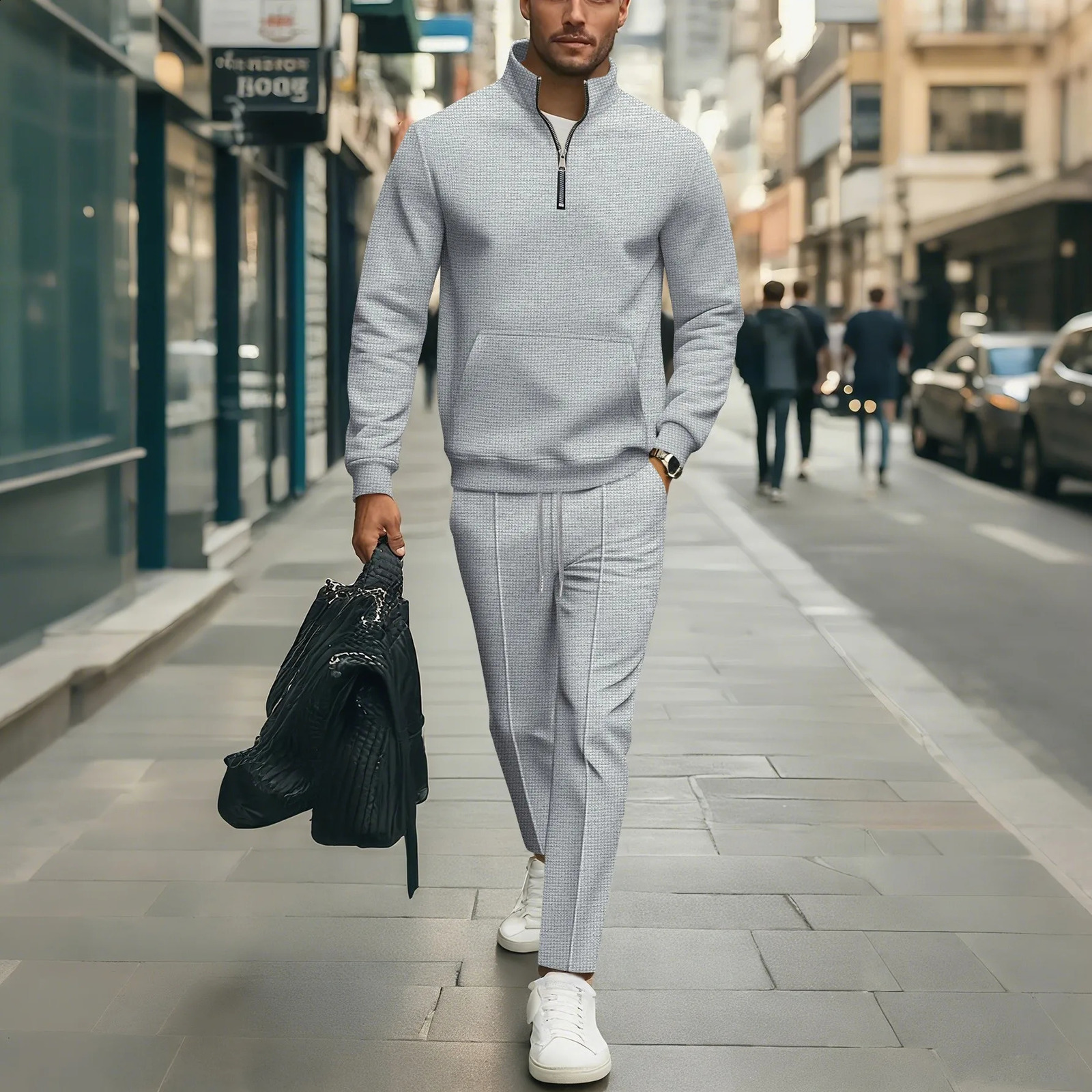 Spring and autumn style waffle pure color crew-neck pocket half-zip long-sleeved hoodie pants casual men's set 260918