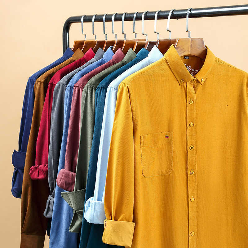 100% Shirts Men's Cotton Casual Plus Size 7XL Corduroy Shirt Mens Casual Long Sleeve Regular Fit Business Dress Shirts For Male Comfortable Poc