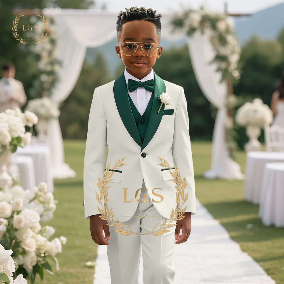 Abito da sposa per ragazzo Abito in 3 pezzi-Colletto verde abbinato al colore Elegante piccolo gentiluomo Smoking personalizzato per festa di comple