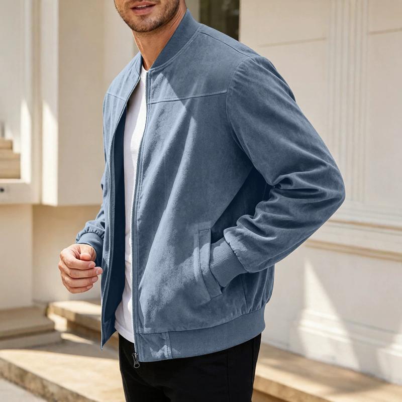Men Stand Collar Bomber Jacket Suede Fabric Full Zip Front Opening Side Patch Pockets Ribbed Trim On Collar Cuffs And Hem Casual Outer Top