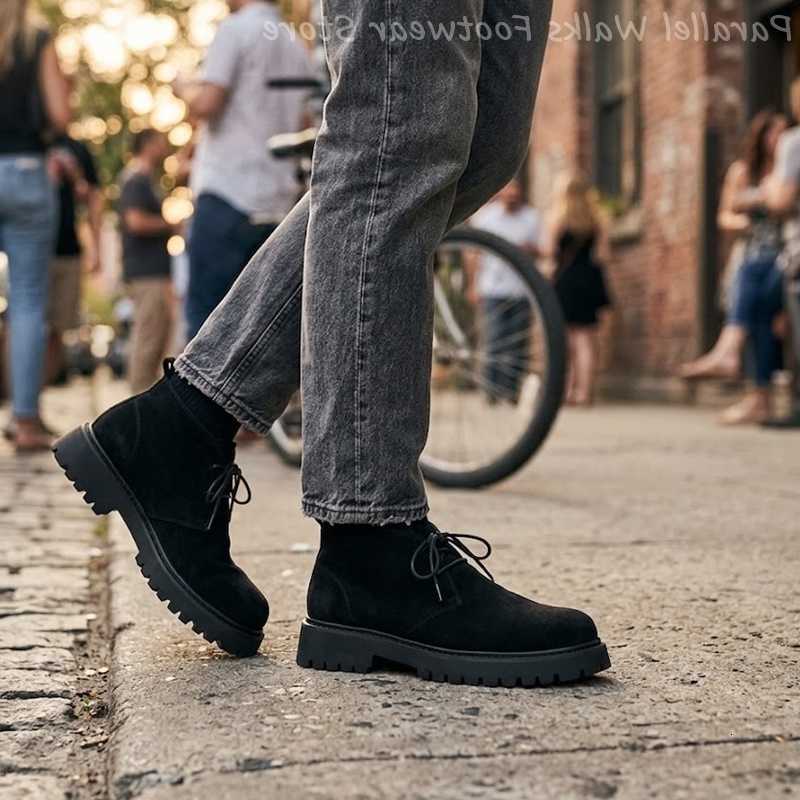 Stivali Chukka in pelle scamosciata Stivali finti da uomo Punta tonda Suola spessa Stivaletti con lacci Stivaletti alla caviglia Vintage Outdoor Cas