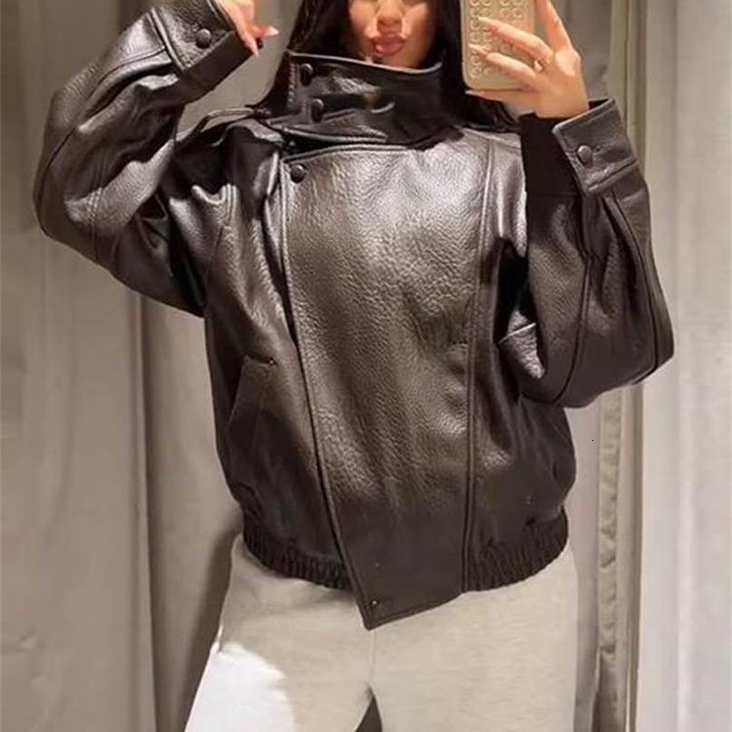 2026 Autumn Womens Faux Leather Jacket Brown Black Long Sleeve Stand Collar Thick Loose Lady Coat Fashion Motorcycle Streetwear 260920