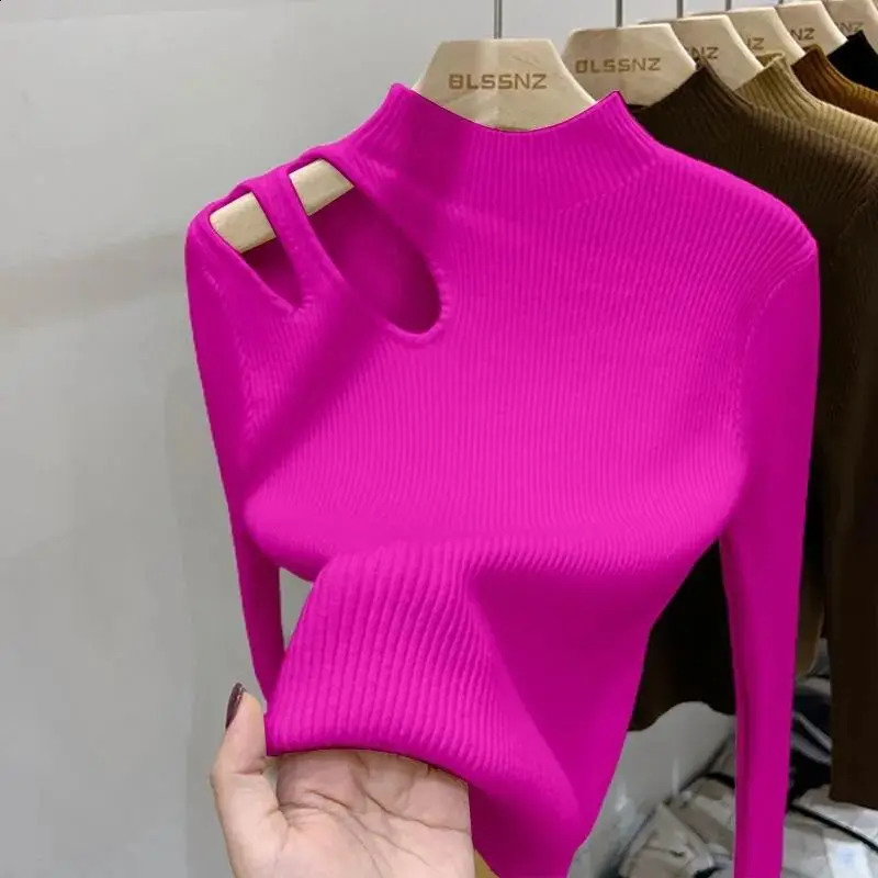 Hollow-out Turtleneck Knitted Women Sweater Ribbed Pullovers Autumn Winter Basic Women Sweaters Fit Soft Warm Tops 260920
