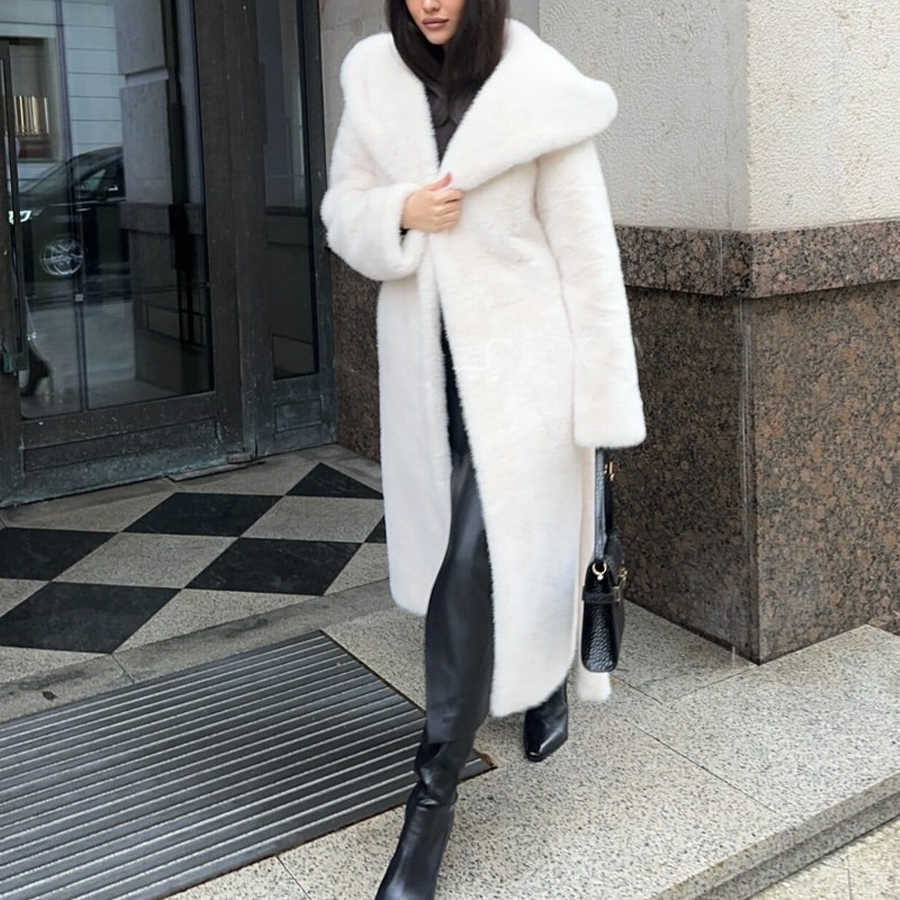 Faux Women Fur Long Coats Jackets Hooded Lace Up Coat Thick War Y2k Streetwear Jacket Elegant Work Tight Waist Autun Winter D260921