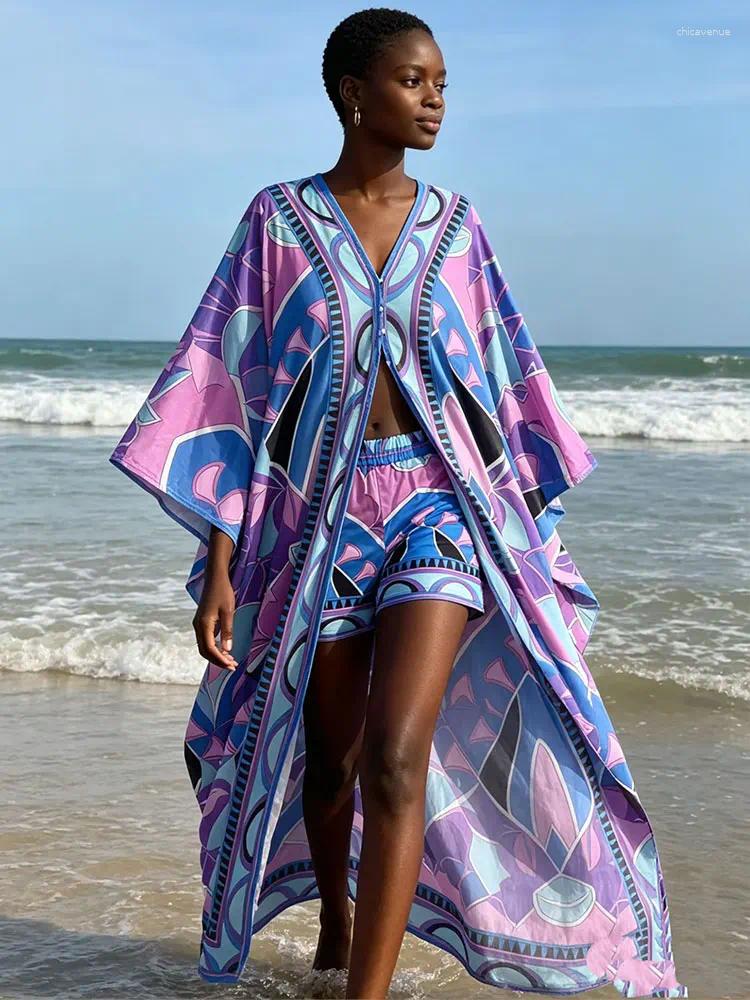 Spring And Summer Bohemian Girl Print 2-piece V-neck Bat Sleeve Long Skirt Coat Elastic Waist Shorts Holiday Beach Suit