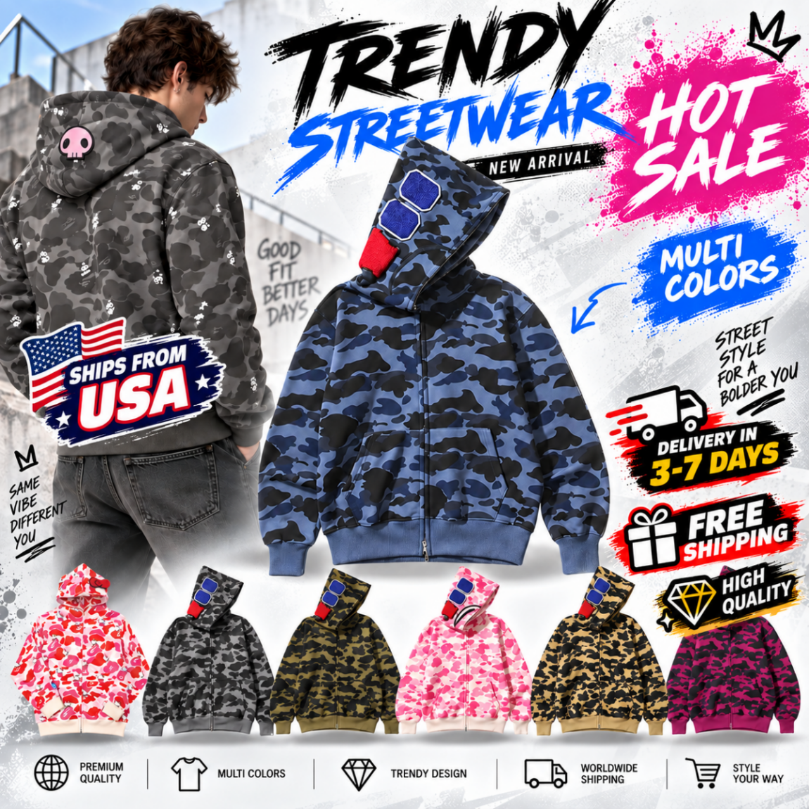 10A Correct Version 1:1 High Quality Shark Hoodie Mens Hoodies Designer Clothes Full Zip Up Shark Hoodie Men Camouflage Graphic Cotton Jacket Hoody
