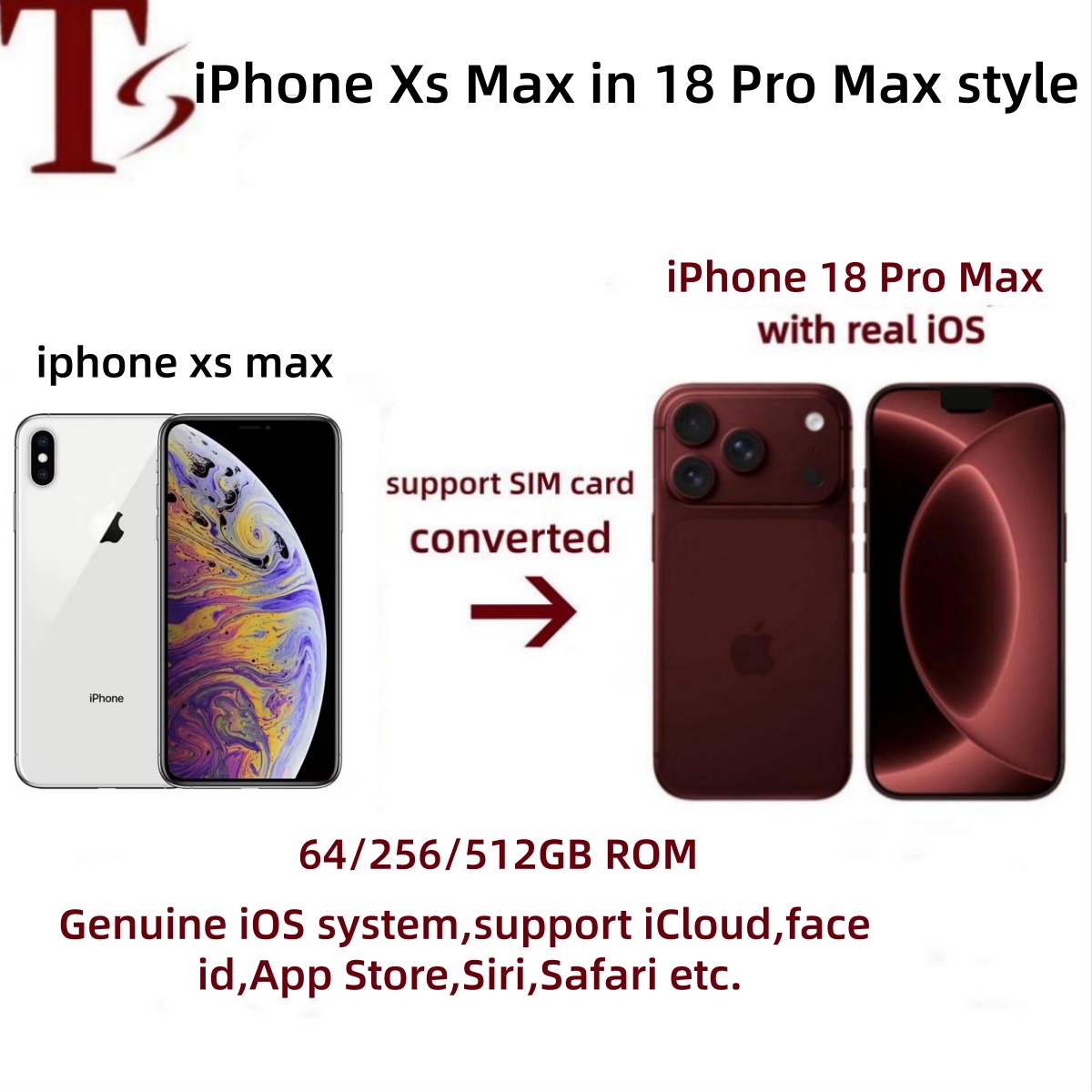 Apple Original iPhone XS Max in 18 Pro Max Style Unlocked 64GB 256GB 512GB Face ID OLED Smartphone battery 100 life