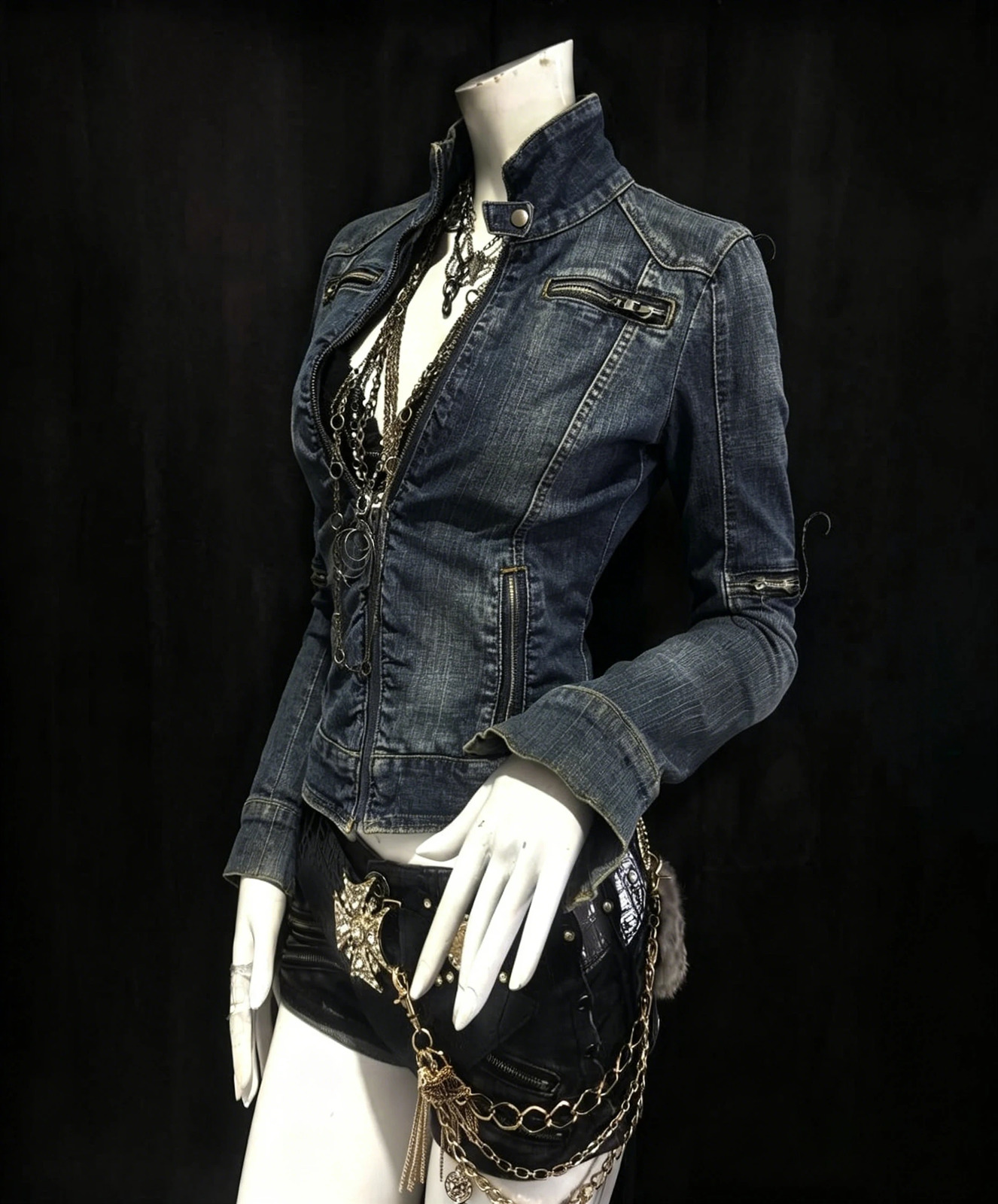 Women Y2K Gothic Punk Streetwear Vintage Washed Denim Coat Multi Zip Stand Collar Slim Waist Cropped Long Sleeve Casual Jacket 260918