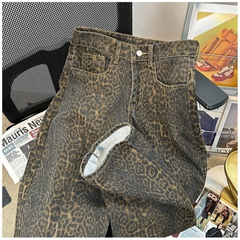 Y2k Retro Fashion Leopard Print Jeans for Women High Waisted Streetwear Denim Pants Hip Hop Straight Wide Leg Baggy Jeans a260920