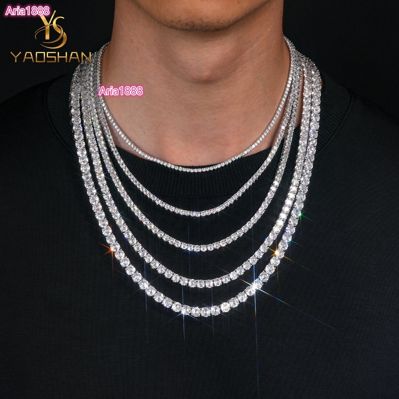 Yaoshan Tennis Chain Necklace Bracelet 2mm 3mm 4mm 5mm Moissanite VVS Cubic Moissanite VVSia Moissanite Gold Plated Brass Hip Hop Wholesale Custom